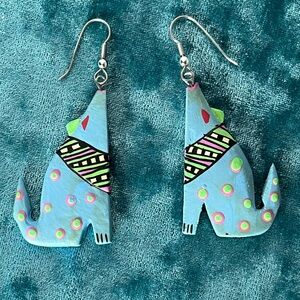 Vintage Folk Art Southwestern Handpainted Wood Wolf Earrings